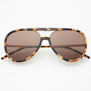 Unisex aviator sunglasses with milky tortoise acetate frame, gold metal bridge, and brown tinted lenses.