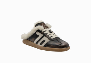 Easter FL Backless Sneaker in metallic bronze leather with cream shearling trim, stripe detail, and gum sole.
