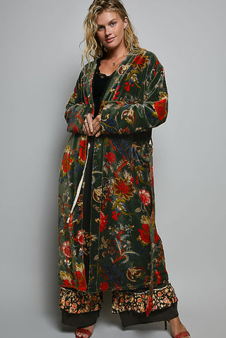 Lightweight woven kimono-style robe in dark green with bold red and multicolor floral print, full-length.