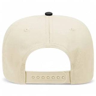 Cream-colored snapback hat shown from the back, featuring a black top button and adjustable snap closure.