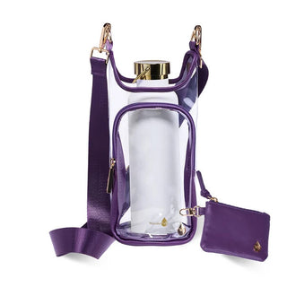 Clear stadium crossbody water bottle bag with purple trim, gold hardware, adjustable strap, and matching purple RFID coin pou