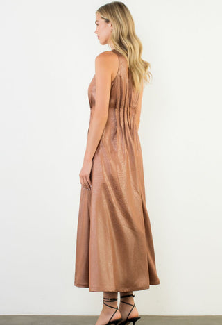 Pleated sleeveless maxi dress in bronze satin, shown from back, with strappy black heels.