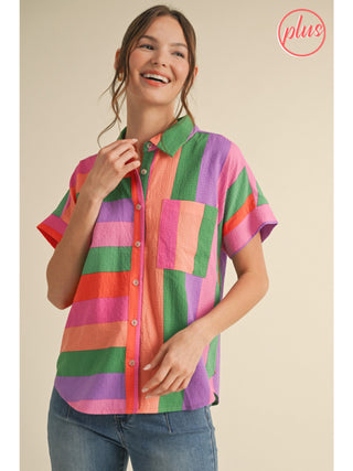 Multicolor striped short sleeve button-down blouse with green, pink, purple, orange, and red horizontal stripes and chest poc
