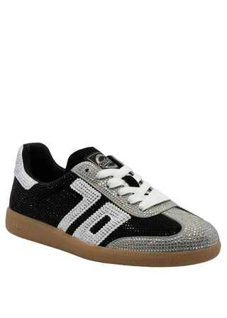Back 70 Stars rhinestone-embellished low-top sneaker in black and silver with white laces and gum sole.