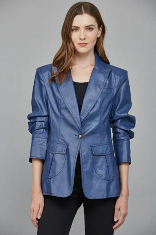 Blue faux leather blazer with scrunched sleeves, flap pockets, and single gold button closure.