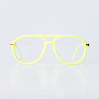 Neon yellow-green aviator-style blue light glasses with clear lenses and gold hinge accents.