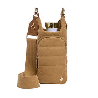 Saffron yellow corduroy crossbody water bottle holder bag with gold hardware and adjustable strap.