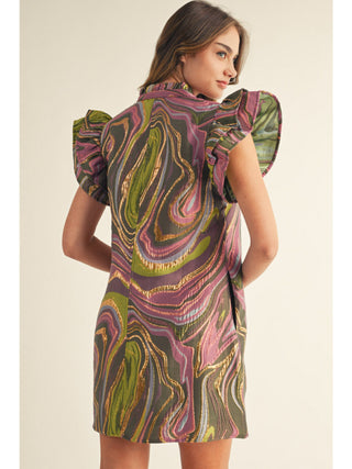 Multicolor abstract marble-print mini dress with ruffled cap sleeves and gold metallic accents in green, purple, and pink ton