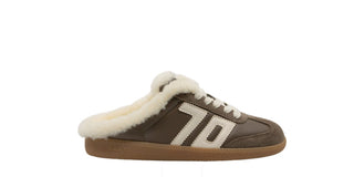 Brown leather shearling-lined sneaker mule with cream fur trim, "70" logo detail, and gum sole.