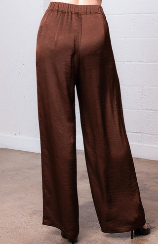 Brown satin wide-leg pants with elastic waistband, loose fit, floor-length, back view.