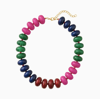 Chunky rondelle beaded necklace featuring pink, navy, green, and burgundy beads with a gold chain clasp.