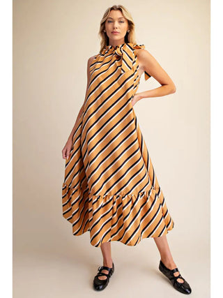 Orange diagonal striped sleeveless midi dress with ruffle tie neck detail and ruffled hem.