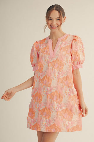 Short puff sleeves floral jacquard dress