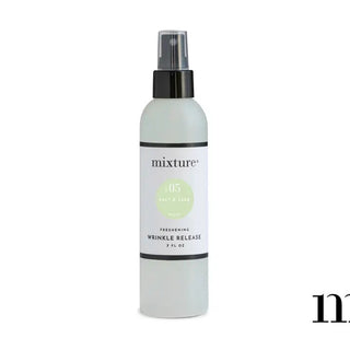 Mixture brand No. 05 Salt & Sage Freshening Wrinkle Release spray bottle, 7 fl oz, light frosted green with black pump top.
