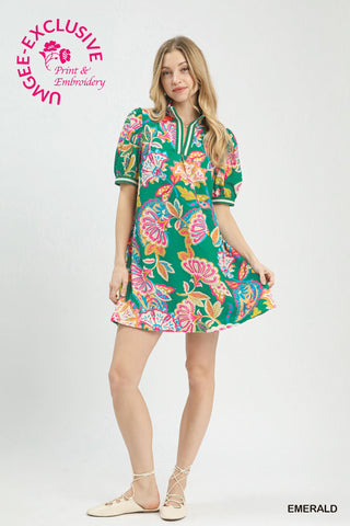 Jacquard Paisley Print Puff Sleeve Tunic Dress