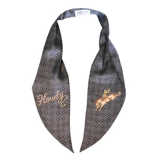 Charcoal gray patterned neckerchief scarf with "Howdy" script and rodeo cowboy on bucking horse embroidery.