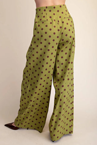 Olive green wide-leg high-waisted pants with brown polka dots, back view showing rear pockets.