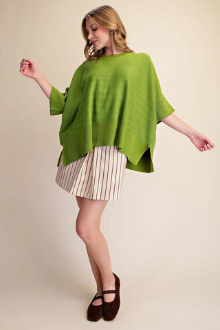Green oversized round neck pullover sweater with short batwing sleeves and ribbed trim detailing.