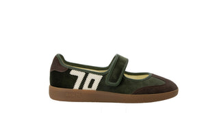 Back70 AYA olive green suede Mary Jane sneaker with velcro strap, brown heel, cream "70" logo, and gum sole.