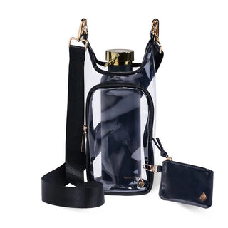 Clear stadium crossbody water bottle bag with black trim, gold hardware, adjustable strap, and matching black RFID pouch.
