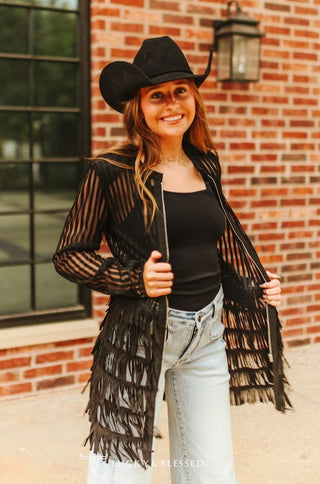 Black Mesh Tiered Suede Fringe Zip Up Shirt Jacket