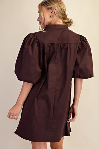 Dark brown mini shirt dress with puffed bubble sleeves, mandarin collar, and relaxed A-line silhouette, back view.