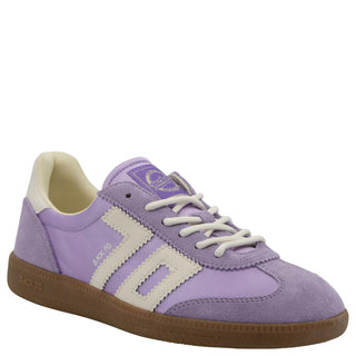 Violet suede low-top sneakers with cream stripe detailing, white laces, gum rubber sole, and Back70 branding.