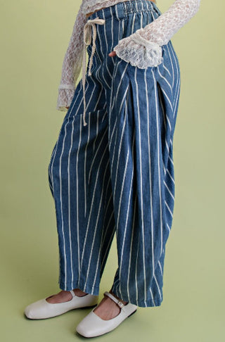 Striped Printed Washed Chambray Pants