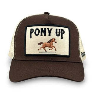 Brown and cream trucker hat featuring embroidered "Pony Up" patch with running horse graphic on front panel.