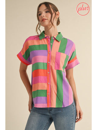 Multi-color striped short sleeve button-down blouse in green, pink, purple, orange, and red with chest pocket.