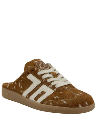 Back 70 Easter mule sneaker in brown and white spotted pony hair with cream stripe detailing and gum sole.