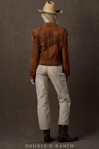 Brown suede fringed jacket with layered fringe details across back and sleeves, western style.