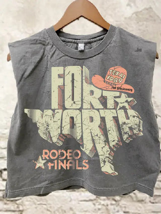 Gray sleeveless crop top featuring distressed Fort Worth Texas Rodeo Finals 1989 Stockyards graphic print.