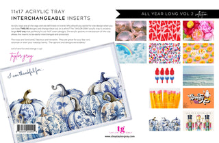 Set of 12 seasonal acrylic tray inserts featuring holiday, summer, fall, and celebration designs in vibrant colors.
