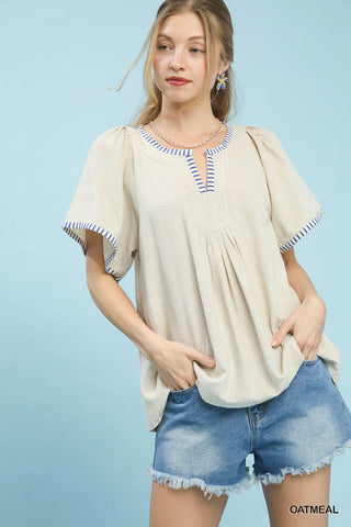 Contrast Trim Flutter Sleeve Babydoll Top
