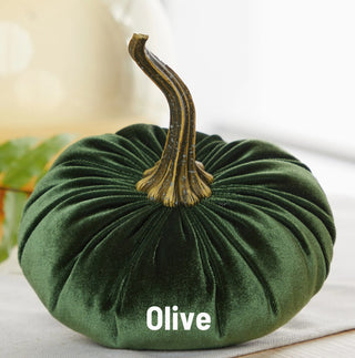 Large olive green velvet pumpkin with realistic dried stem, handcrafted fall mantel decoration.