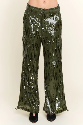 Army green wide-leg sequin cargo pants with silver sequins, side pockets, and drawstring hem.