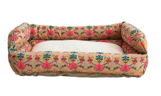 Cotton Embroidered & Sherpa Pet Bed w/ Washable Cover