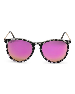 Women's round polarized sunglasses with black and white tortoise shell frames and hot pink mirrored lenses.
