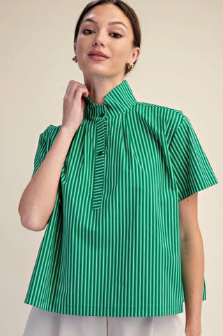 Green and white striped short sleeve shirt with stand collar and dark button placket detail.