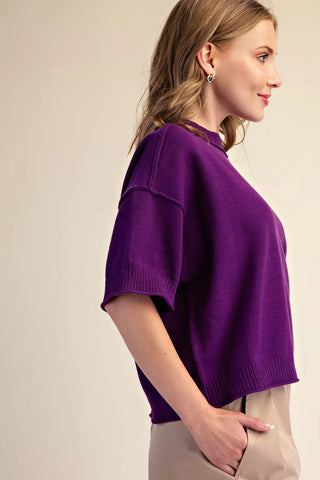 Purple relaxed fit crew-neck sweater with elbow-length sleeves and ribbed hem detailing.