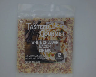 Tastefully Gourmet White Cheddar Bacon Dip Mix packet, 12 servings, no added salt, MSG, or preservatives.