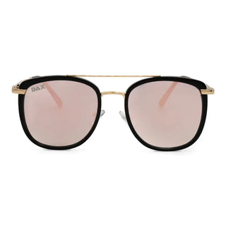 Ivy women's oversized square sunglasses with black acetate frames, gold metal brow bar, and rose gold mirrored lenses.