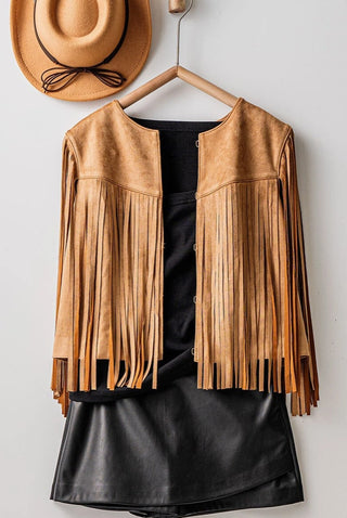 Western Faux Suede Fringe Open Front Jacket