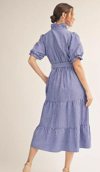 Short puff sleeves tiered stripe midi dress