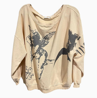 Oversized cream French terry sweatshirt featuring distressed gray Cupid angel print with "LOVE" text graphic.