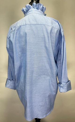 Light blue striped button-down shirt with ruffled collar and rolled cuffs, shown from back.