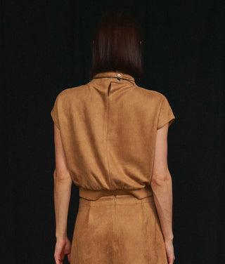 Camel tan vegan suede short-sleeve top and matching skirt set, back view, button collar detail.