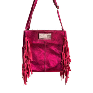 Fuchsia metallic Italian leather crossbody bag with long suede fringe trim on sides and adjustable strap.