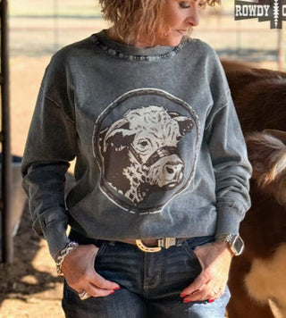Vintage washed gray crewneck sweatshirt featuring a distressed Hereford bull graphic print on chest.